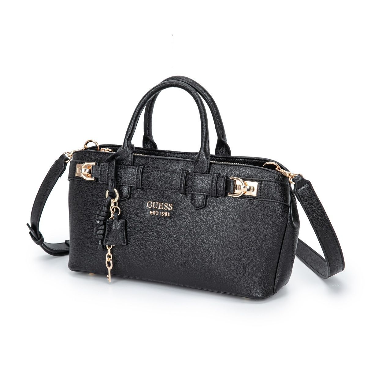 Guess – ექსკლუზიური დიზაინის ტრენდული ჩანთა დეკორატიული ქამრითა და ბრელოკით thumbnail