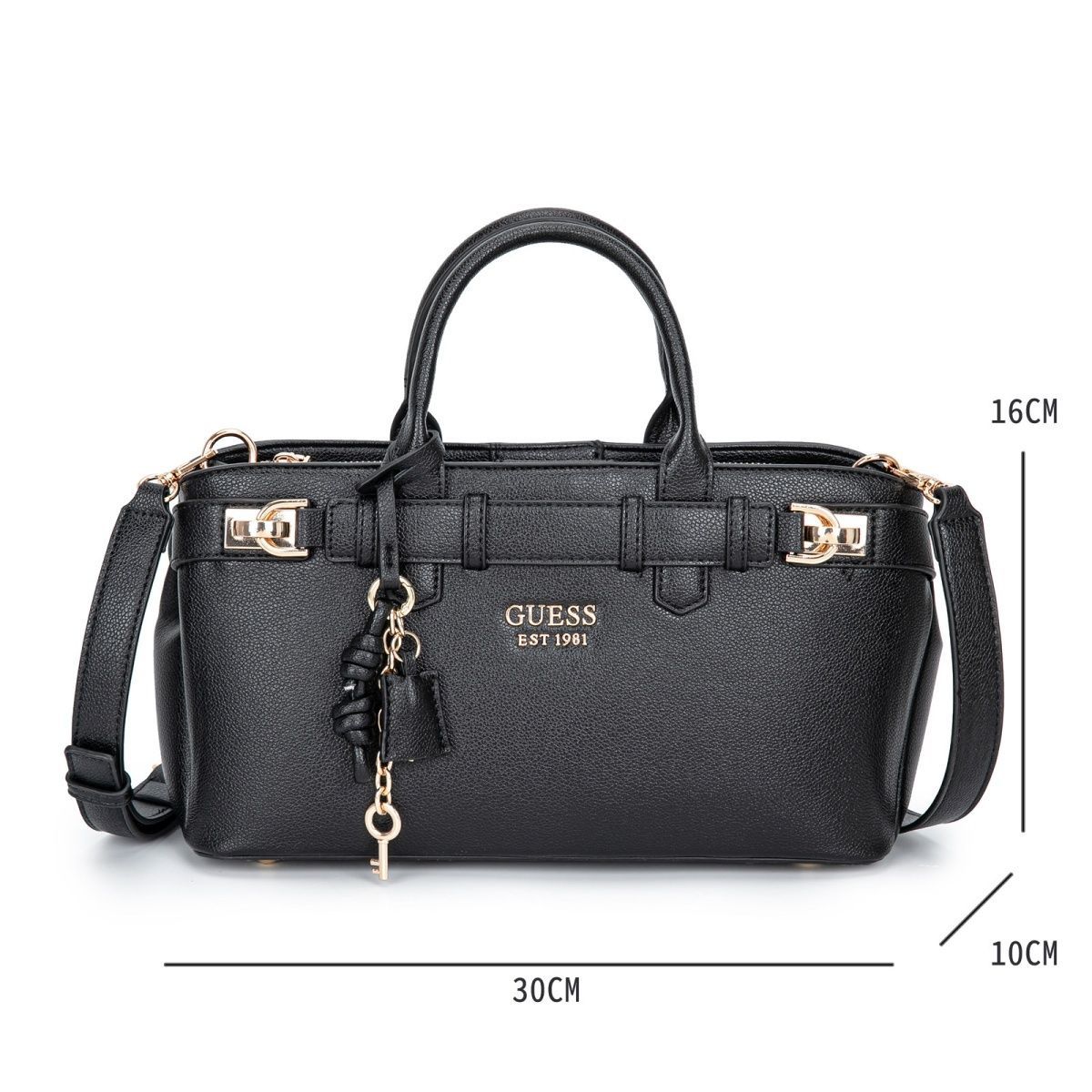 Guess – ექსკლუზიური დიზაინის ტრენდული ჩანთა დეკორატიული ქამრითა და ბრელოკით thumbnail