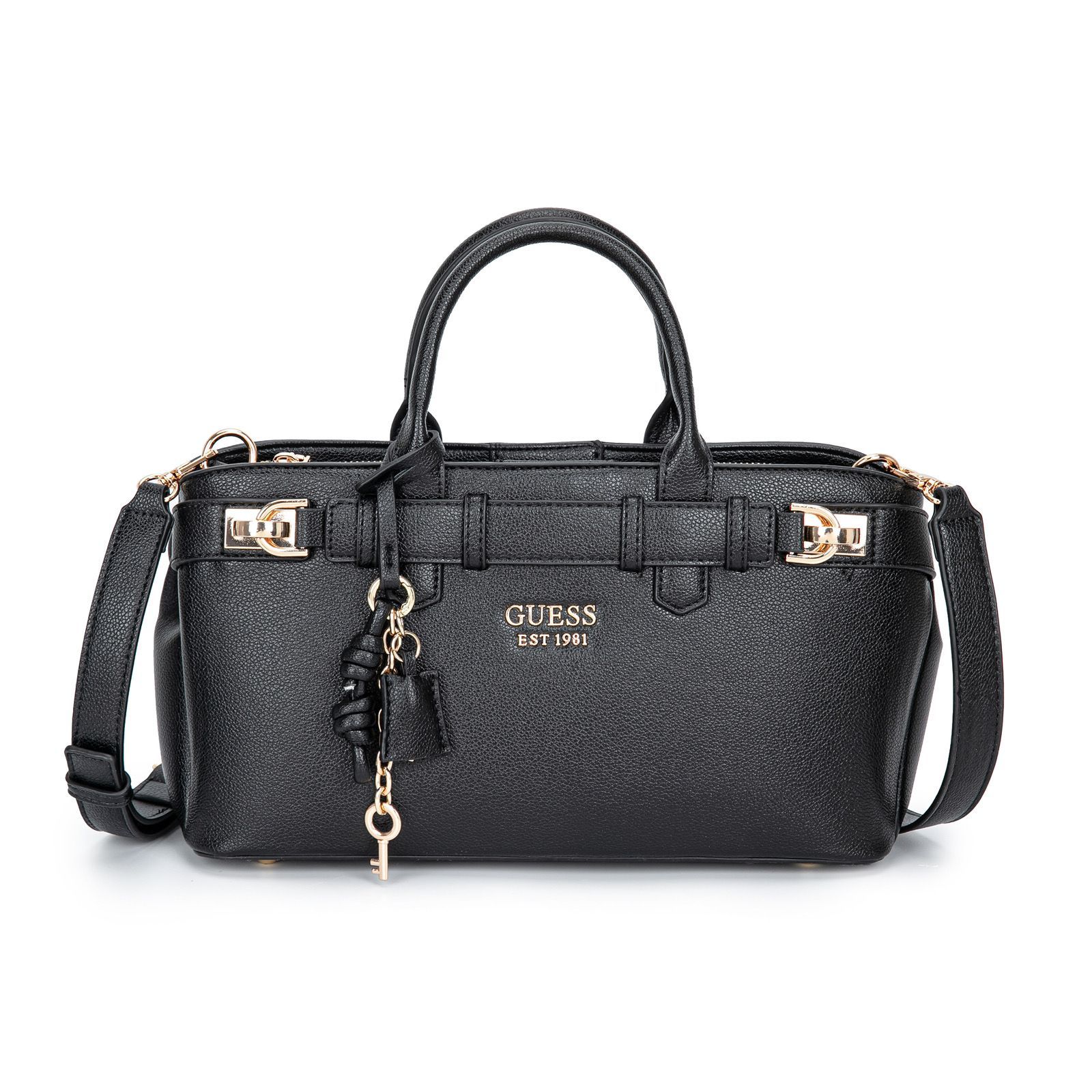Guess – ექსკლუზიური დიზაინის ტრენდული ჩანთა დეკორატიული ქამრითა და ბრელოკით