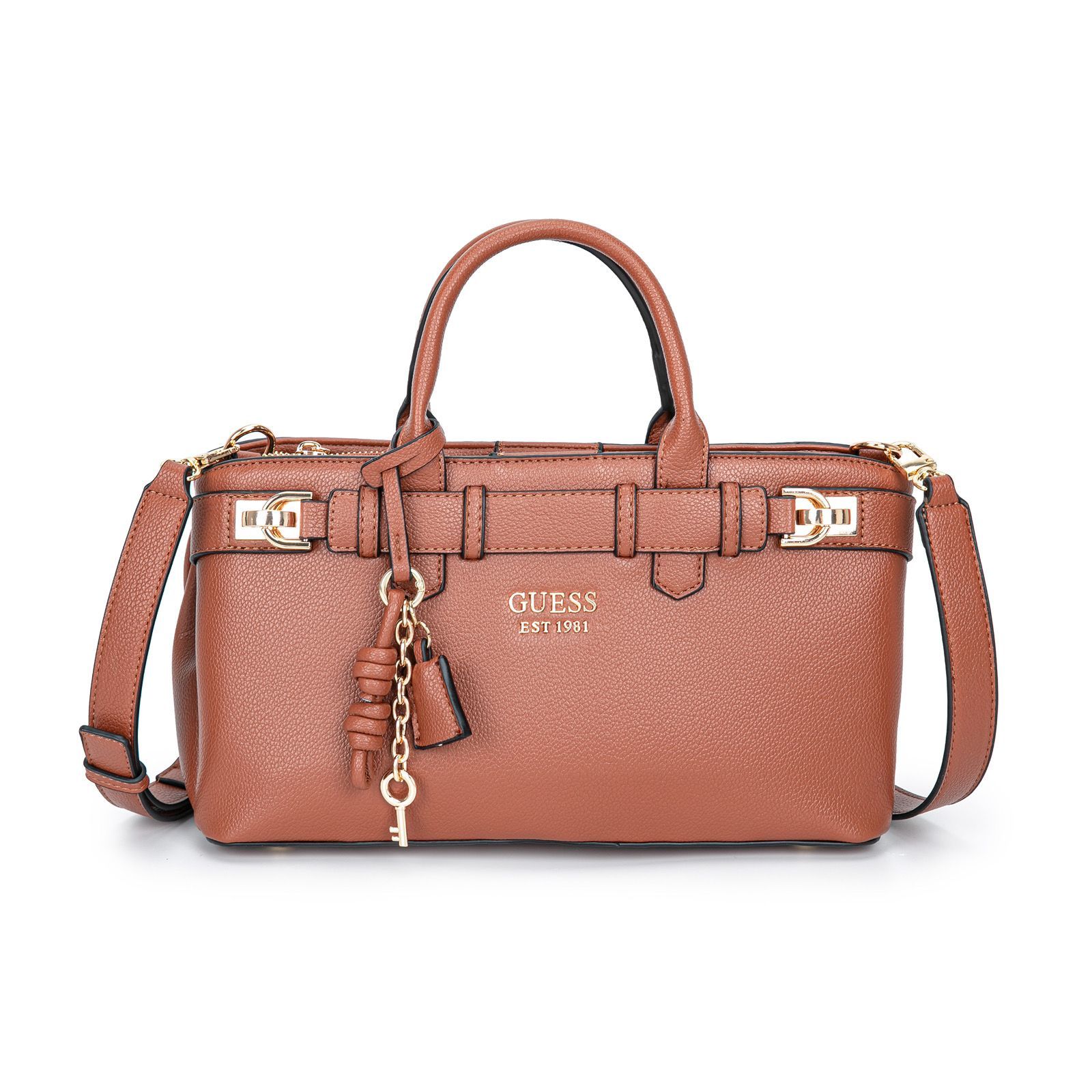 Guess – ექსკლუზიური დიზაინის ტრენდული ჩანთა დეკორატიული ქამრითა და ბრელოკით