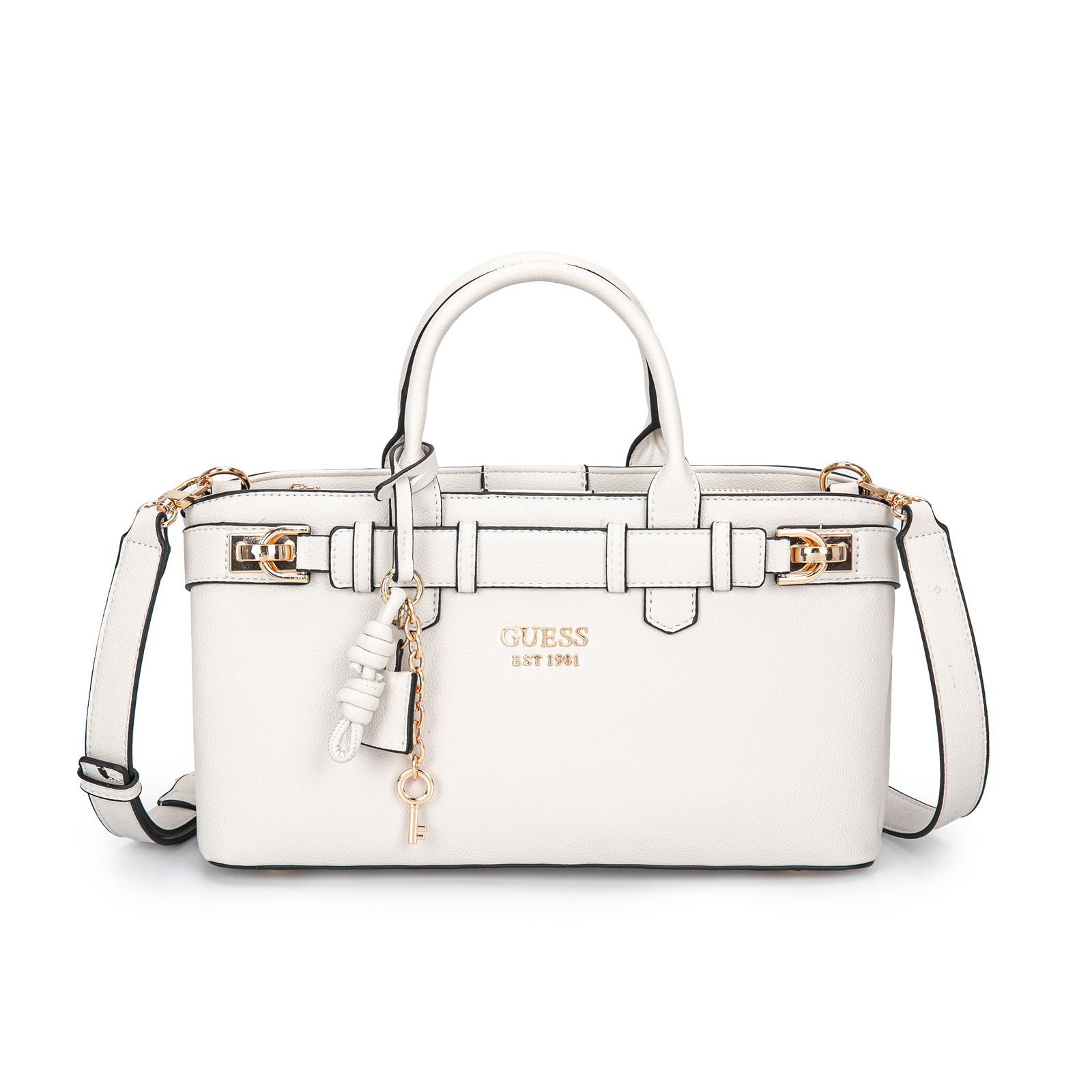Guess – ექსკლუზიური დიზაინის ტრენდული ჩანთა დეკორატიული ქამრითა და ბრელოკით