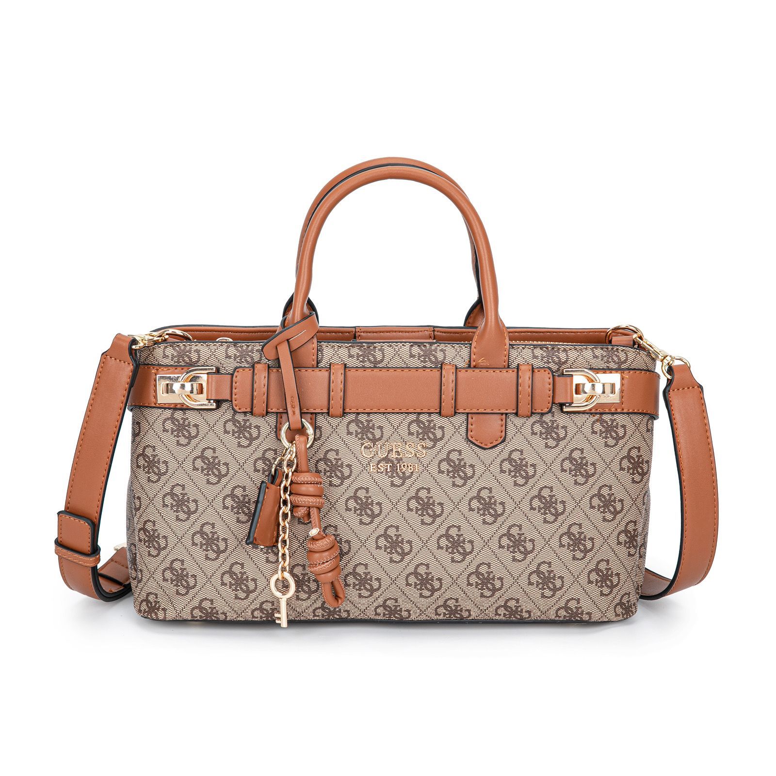 Guess – ექსკლუზიური დიზაინის ტრენდული ჩანთა დეკორატიული ქამრითა და ბრელოკით