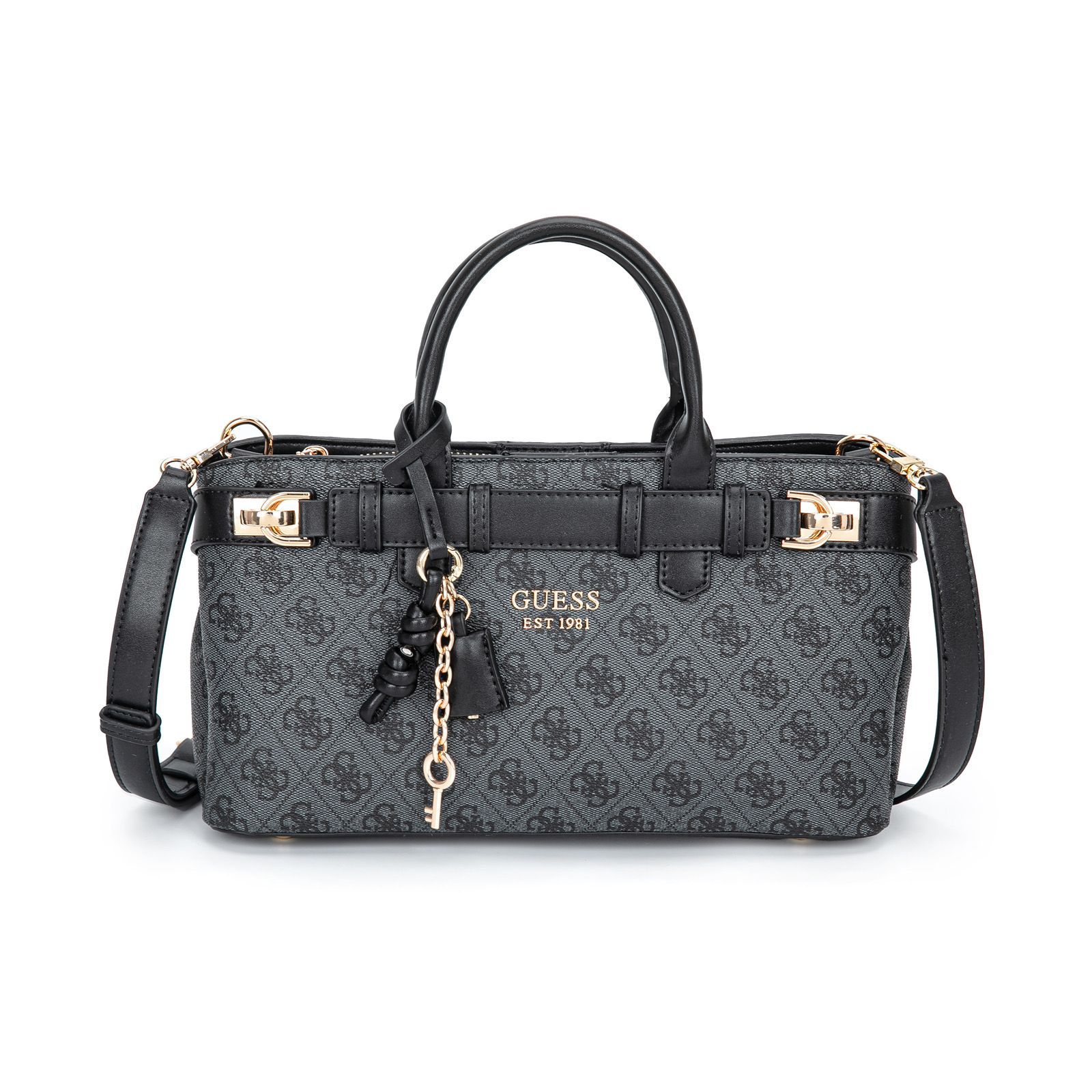 Guess – ექსკლუზიური დიზაინის ტრენდული ჩანთა დეკორატიული ქამრითა და ბრელოკით